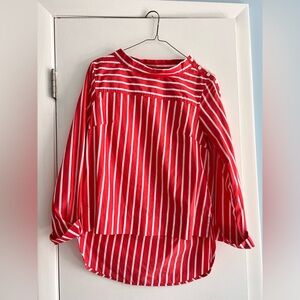 J. Crew Factory Red and White Striped Button Shoulder Blouse
